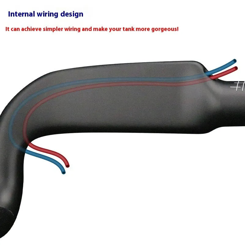 Carbon fibre road bike handlebar in red or black with double line pattern, shown in 400mm 420mm and 440mm widths.