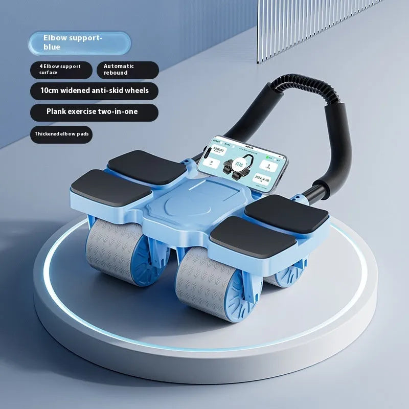 Black and blue automatic rebound abdominal wheel on a floor, showing four wheels and smartphone with fitness app.