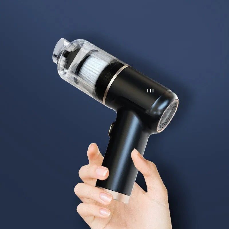 Black wireless handheld car vacuum cleaner with multiple nozzles on a black background