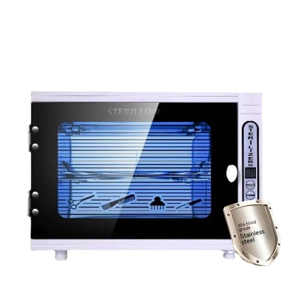 Small silver ultraviolet steriliser for salon tools with stainless steel inner chamber