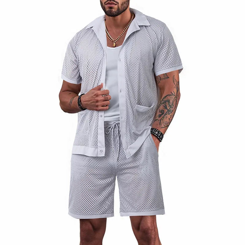 Design Beach Hawaii women's see-through short sleeve cardigan and shorts suit in lake blue.