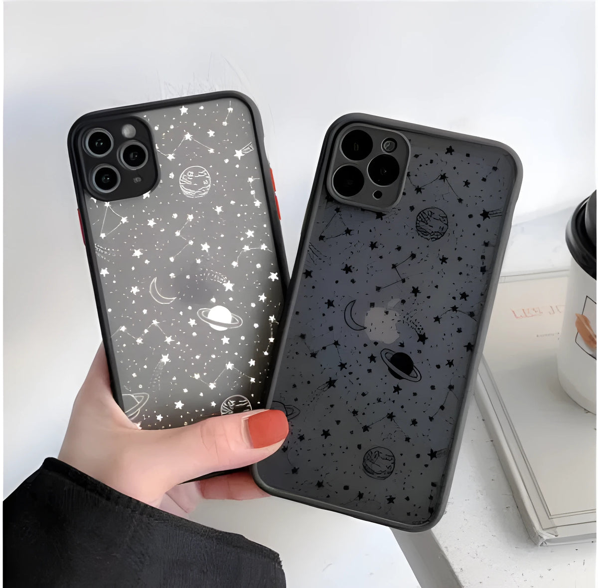 Star Universe mobile phone case for iPhone models showing smooth tactile finish in black and white colour options