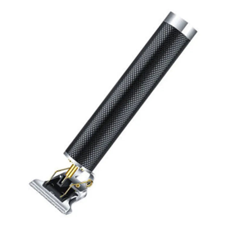 Black rechargeable electric hair clipper with four plastic guide combs and a cleaning brush on a white background