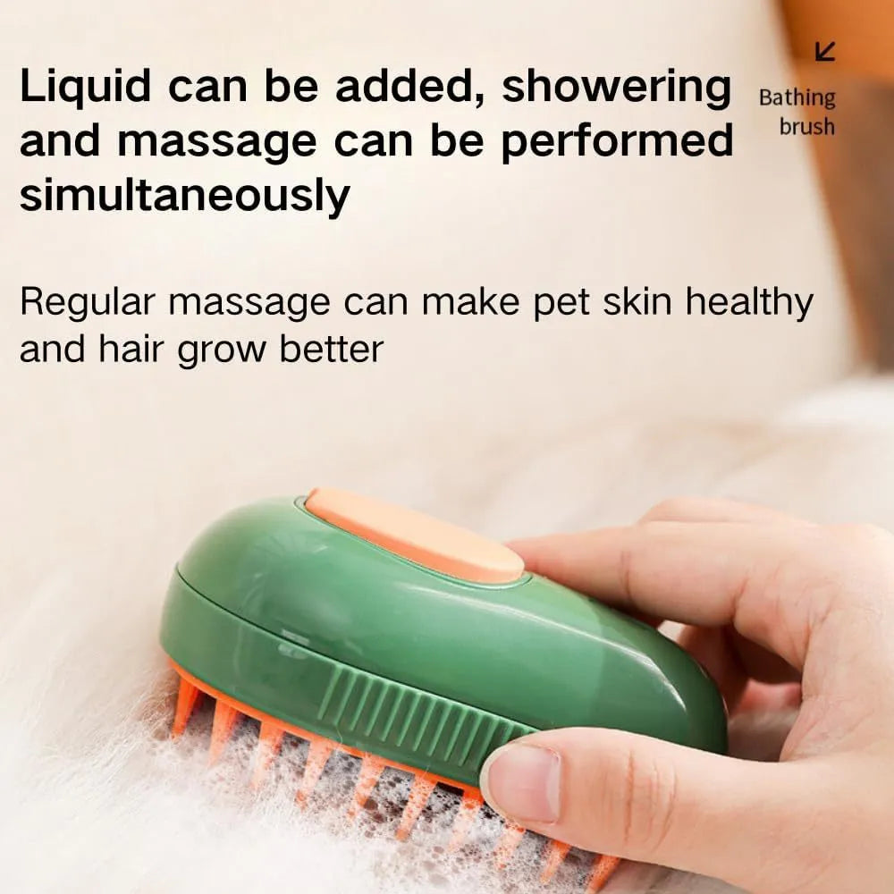 Green and white cat steam brush with water spray function and silicone bristles for pet grooming