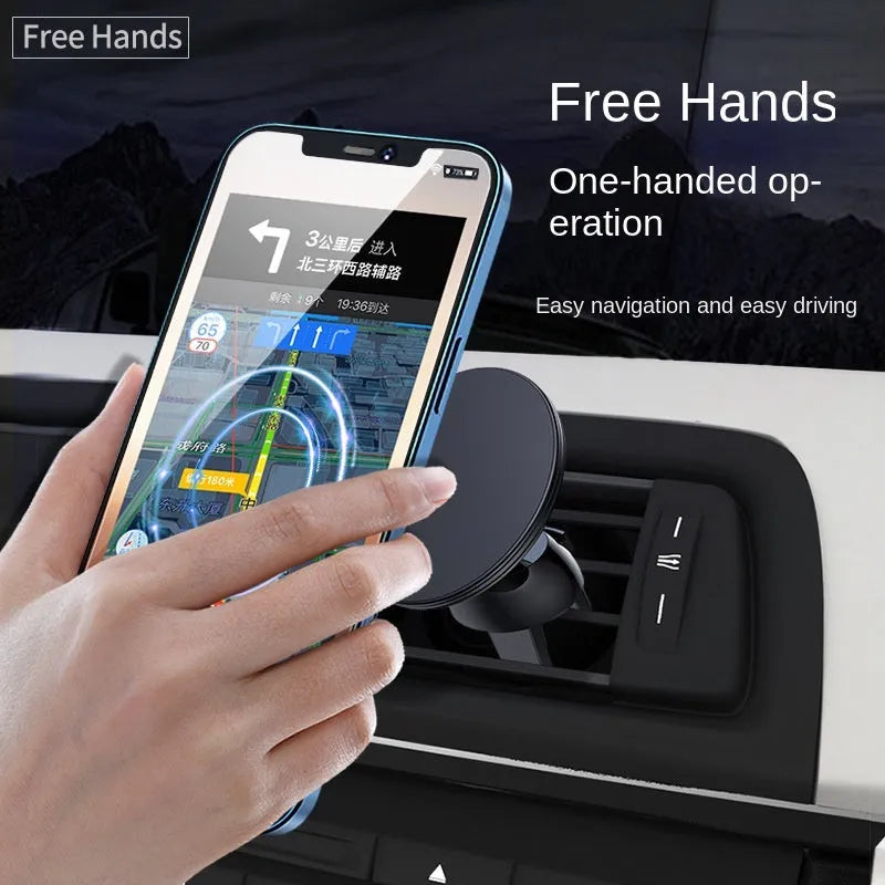 Black aluminium magnetic car phone holder mounted on vehicle dashboard