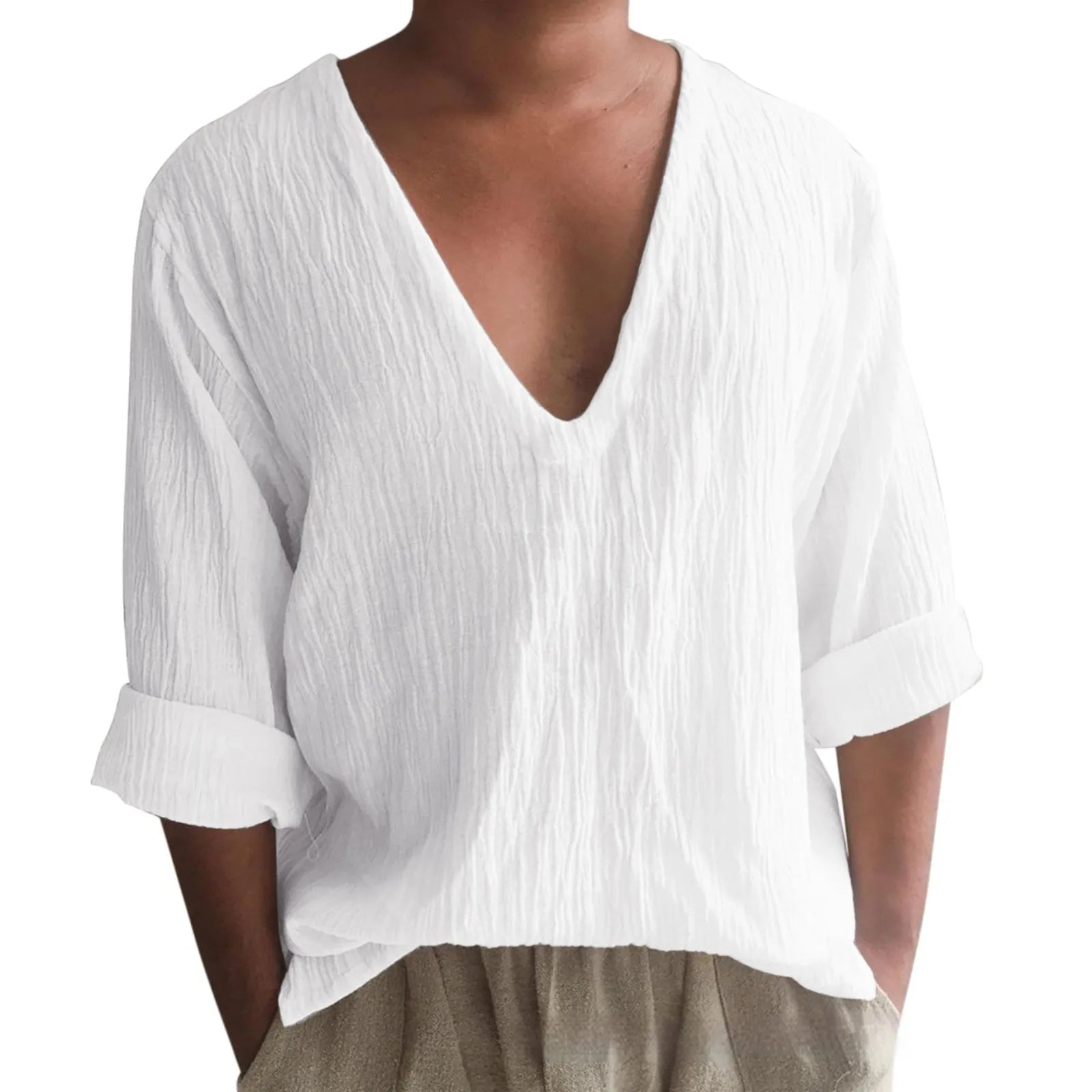 Men's washed cotton V-neck long sleeve T-shirt in solid colours on a size chart.