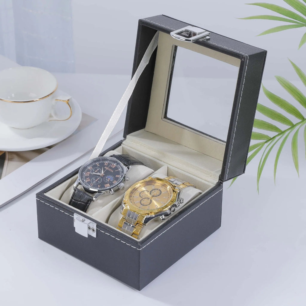 Grey high-grade leather watch storage box with transparent lid showing watch slots inside.