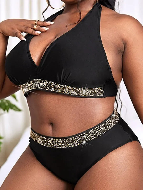 Black plus size women's swimsuit bikini with bra top and shorts for swimming