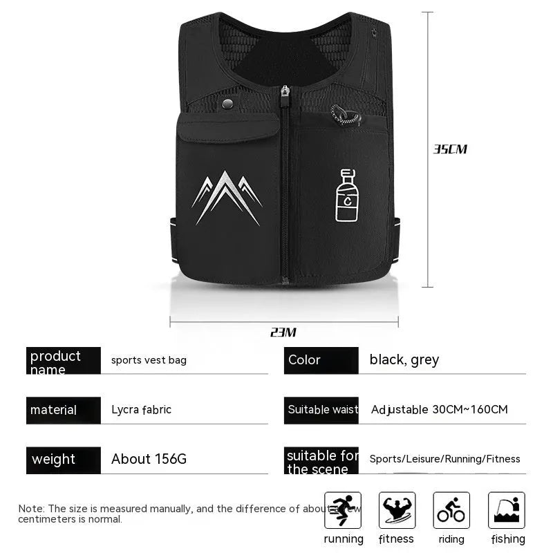 Breathable mesh sports running vest showing phone compartment and optional 500ml kettle accessory in classic black colour