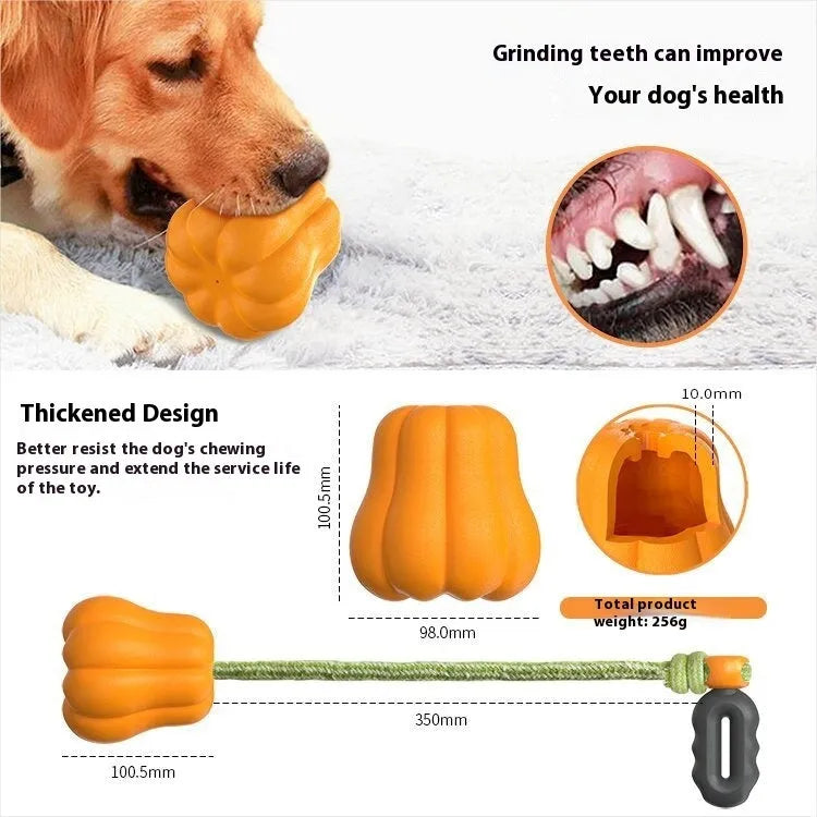 Orange plastic pumpkin dog toy with a bite molar texture and a rope attached for throwing.