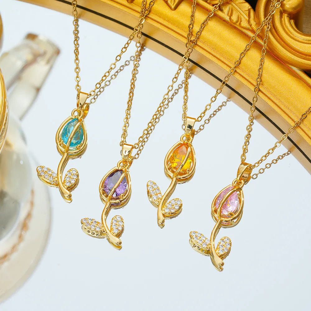 Zircon tulip necklace for women with gold flower pendant on adjustable titanium steel chain.
