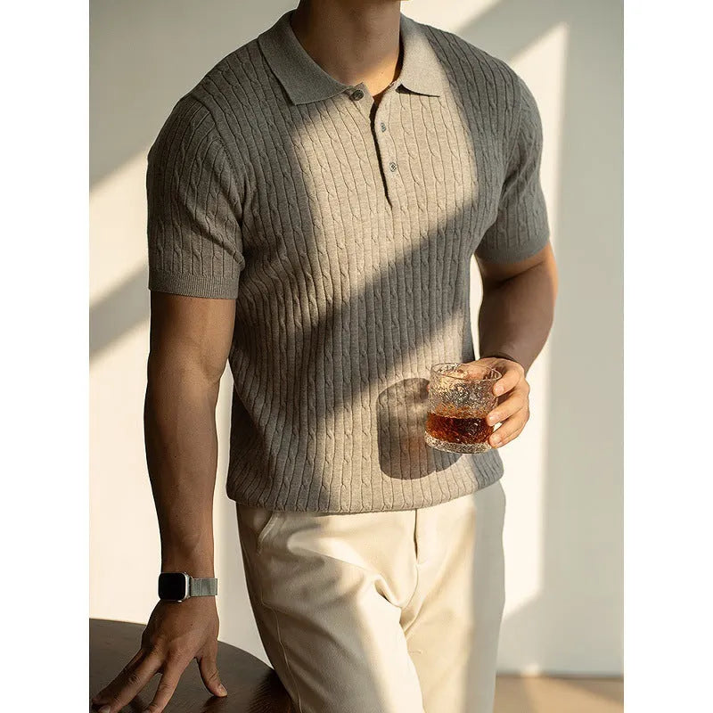 Men's short sleeve knit polo shirt in khaki, black, or white for business and office wear