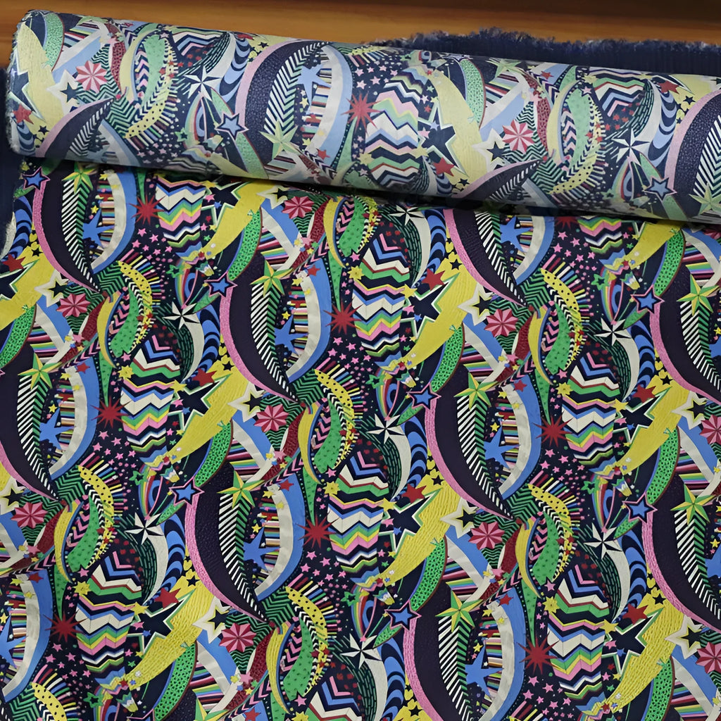 Blue cotton fabric with digital print of plants and flowers, showing 145cm width.