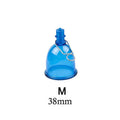 Blue silicone male masturbator cup shown in small, medium, and large size options.