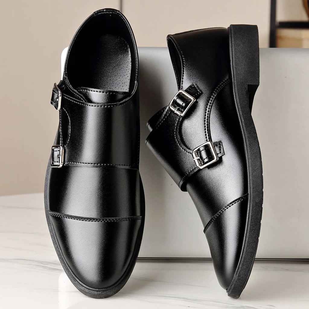 Black PU slip-on men's casual shoes with metal detail, flat square heel, low top, sizes 39-47