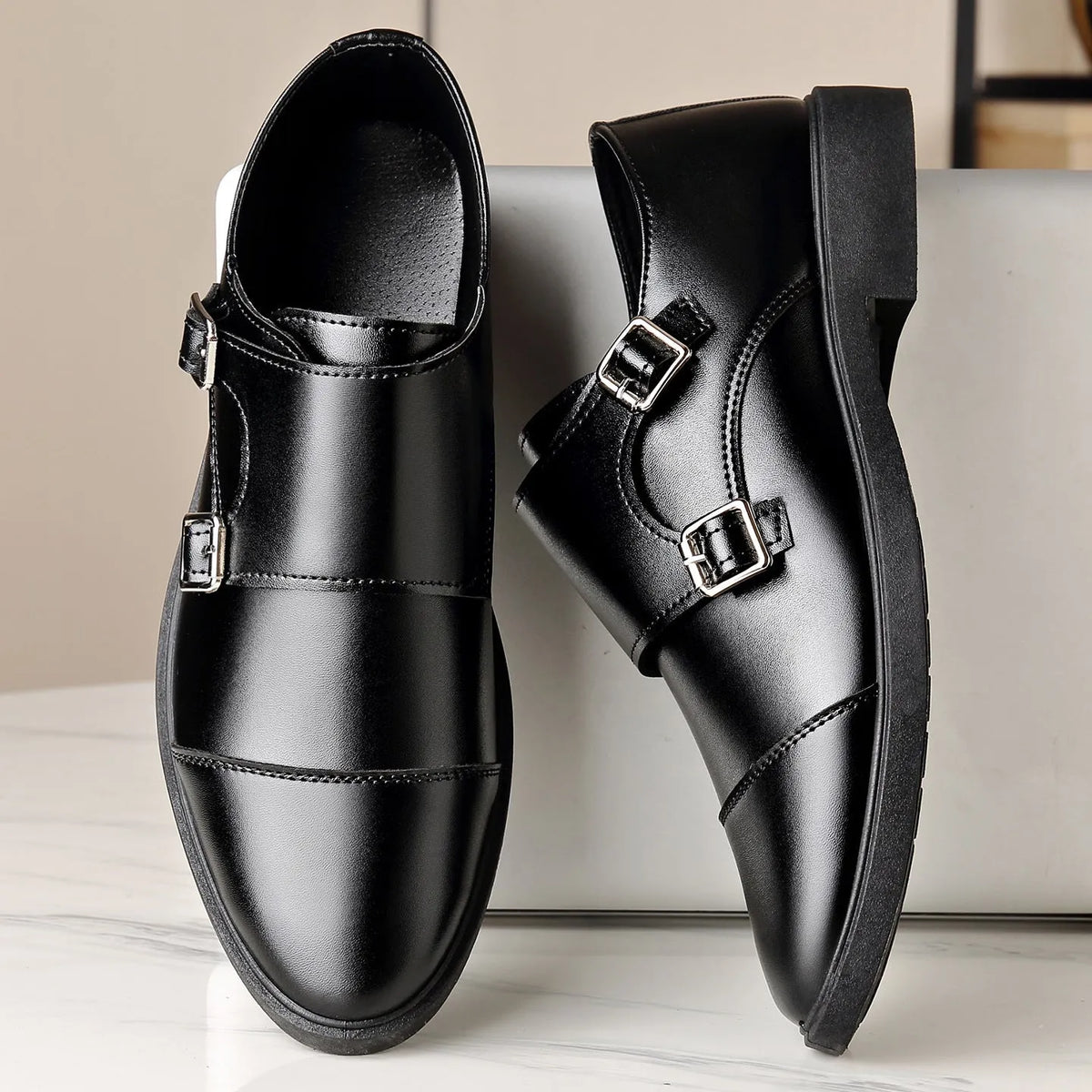 Black PU slip-on men's casual shoes with metal detail, flat square heel, low top, sizes 39-47