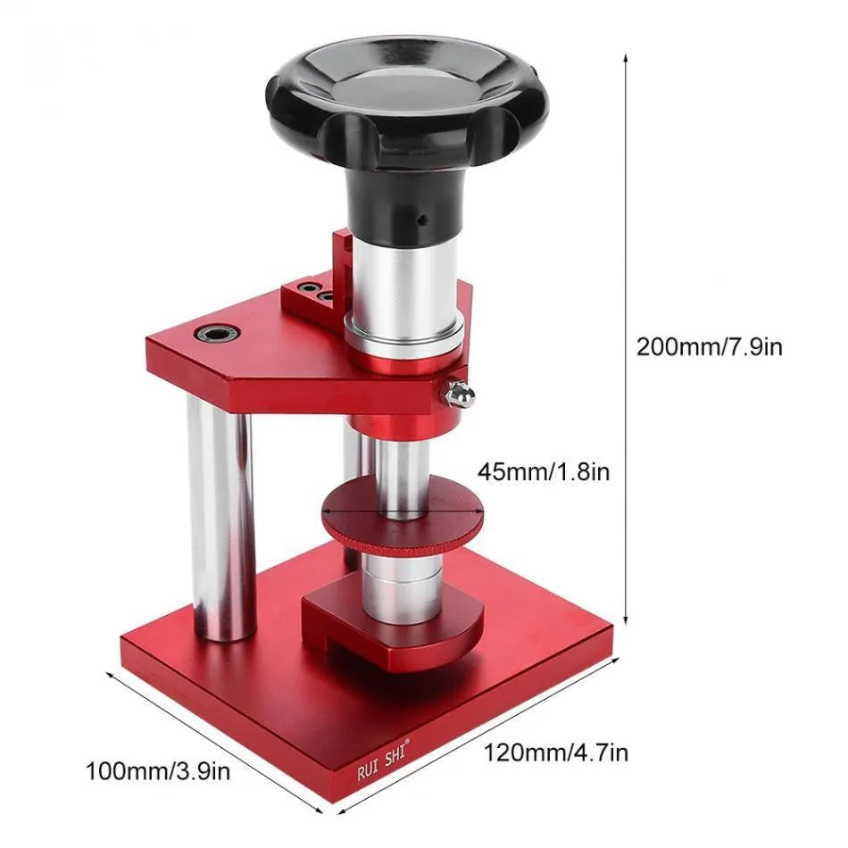 Watch repair spiral cap presser tool with set of 20 plastic moulds for various watch case sizes