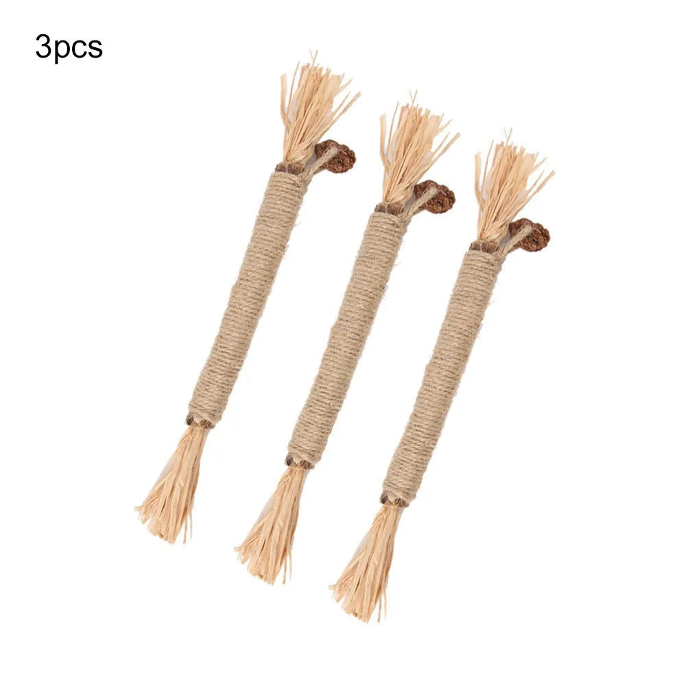 Three natural silvervine chew sticks for cats with sisal rope and raffia dental care elements