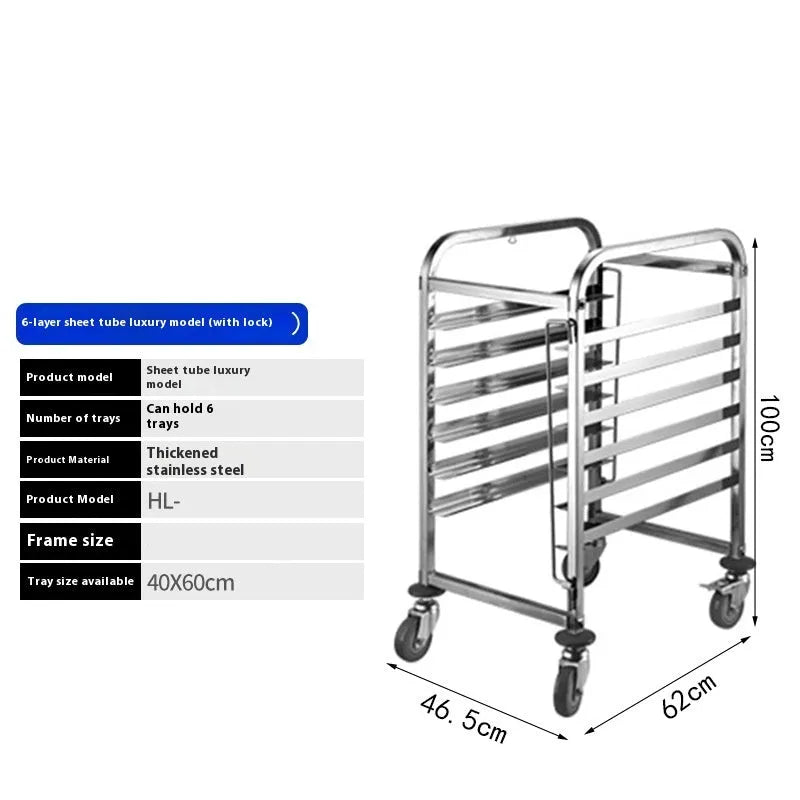 Stainless steel six-layer baking rack with lock, tray size 40cm by 60cm.