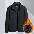 Men's grey Berber fleece coat with stand-up collar, zipper front, and drawstring sleeves.