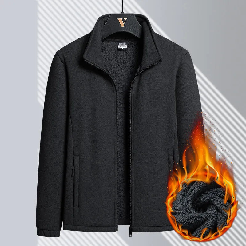Men's grey Berber fleece coat with stand-up collar, zipper front, and drawstring sleeves.