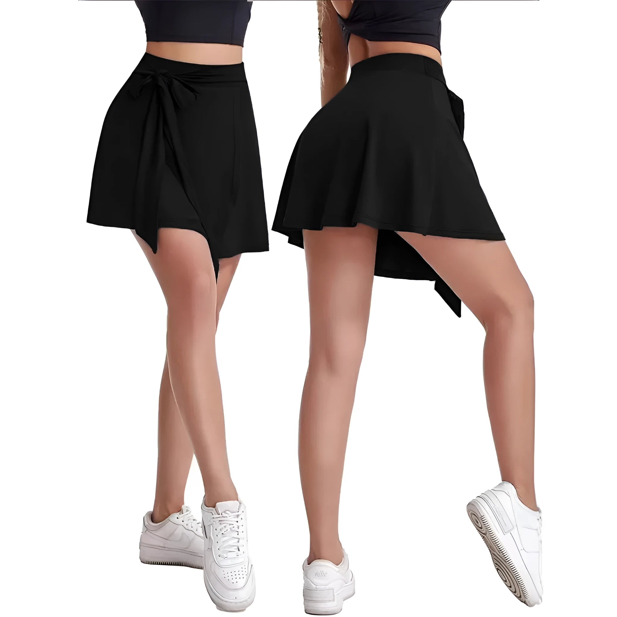 Black thigh-length sports skirt with built-in shorts and high waist design