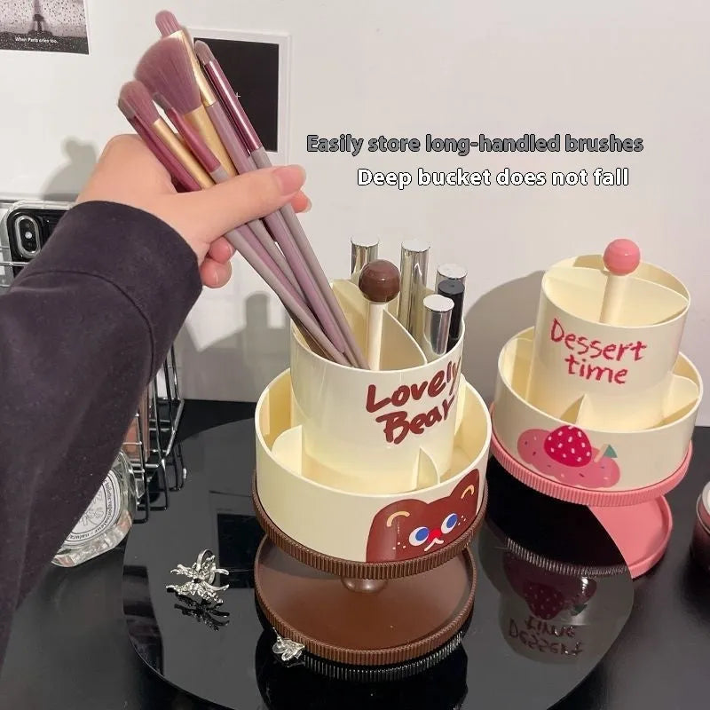 Cosmetic brush storage barrel with rotating rack in Japanese style design