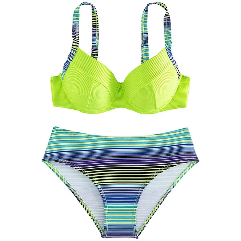 Green printed halter bikini set with split briefs for women