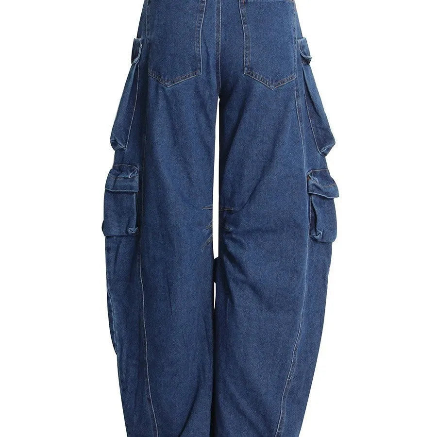 Dark blue distressed wide leg jeans with high waist and multiple pockets