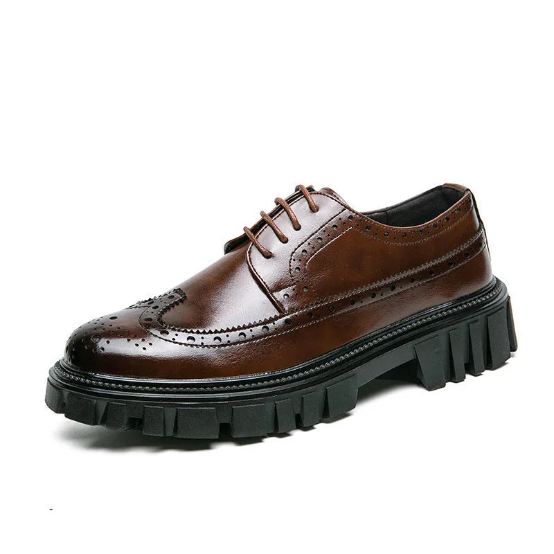 Men's black and brown business brogue shoes with round toe and artificial PU upper for office wear