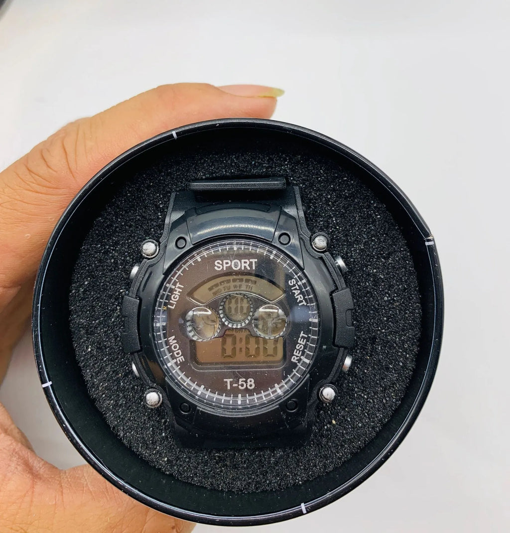Digital sports watch for students with silicone strap, plastic case, and 10m waterproof rating