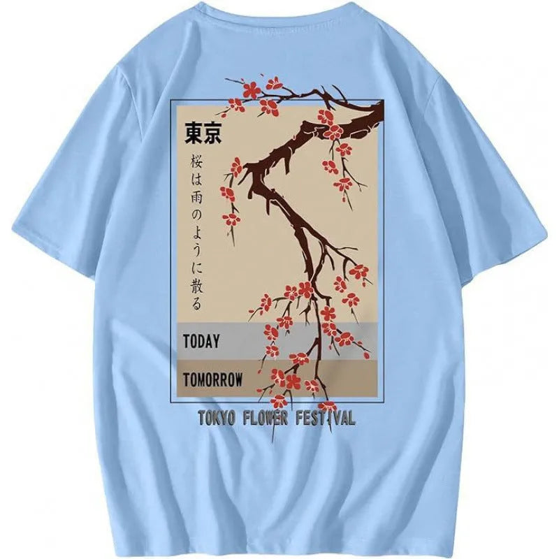 Short-sleeved men's printed street sports t-shirt on a hanger, showing digital print design.