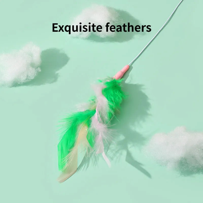 Green cat feather wand toy with bells and feather attachments for interactive feline play