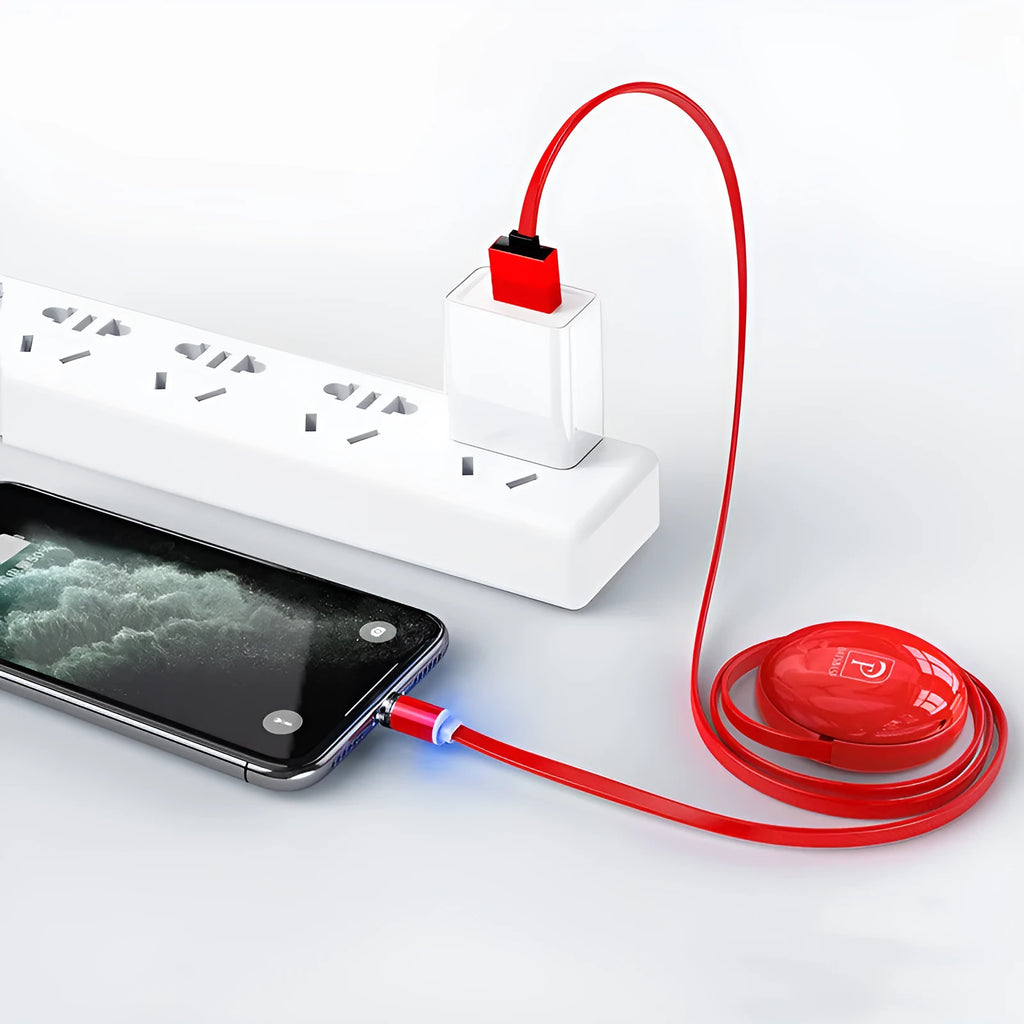 Magnetic retractable data cable three in one, 100cm adjustable, PC material, colours green white red black