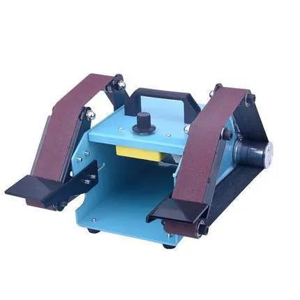 Blue desktop dual-axis belt sander with 750W motor and variable speed control for workshop use