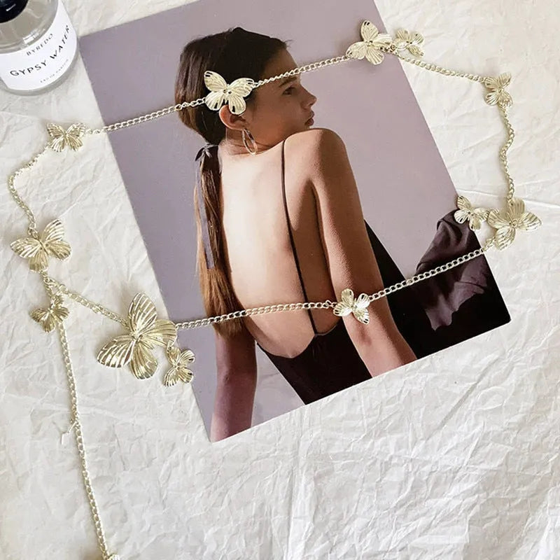 Butterfly waist chain in gold or silver alloy, 104cm length with single circle design
