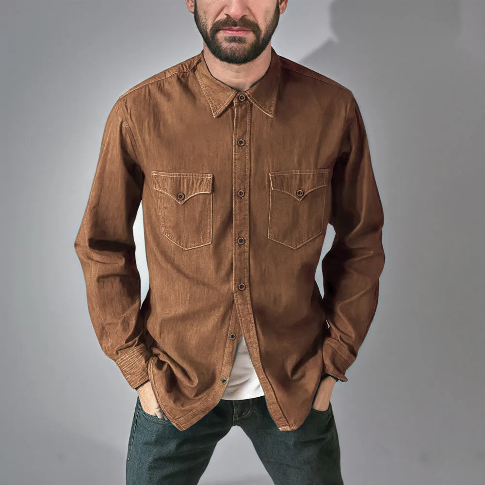 A cotton denim cardigan coat shown in khaki colour on a hanger.