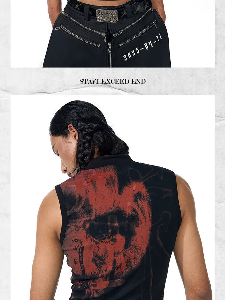 Black and white half turtleneck sleeveless T-shirt with character print, slim fit Korean style
