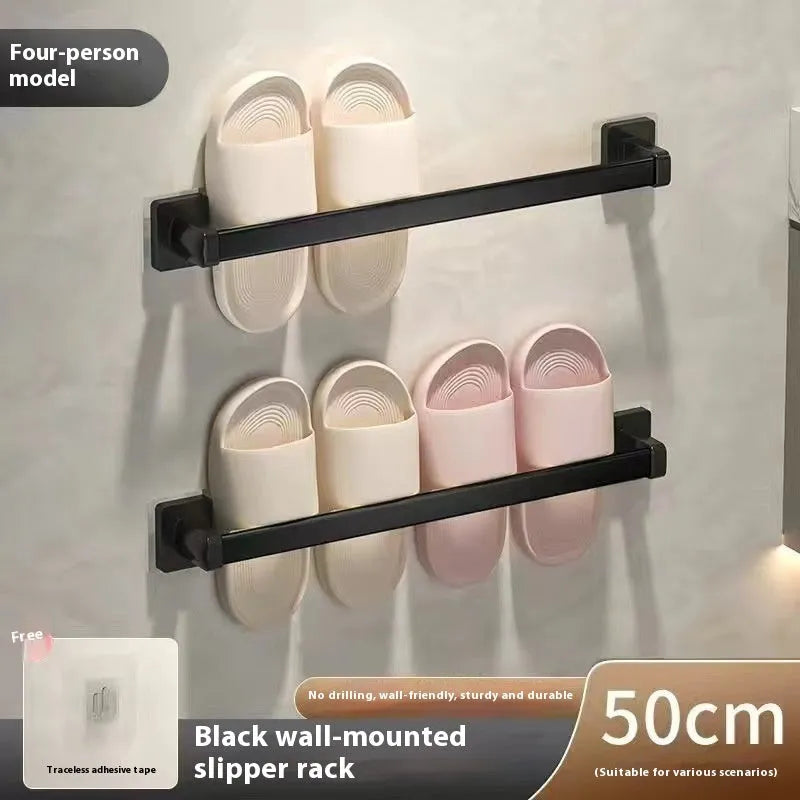 Nordic style carbon steel wall-mounted bathroom slipper rack with integrated seat in black colour