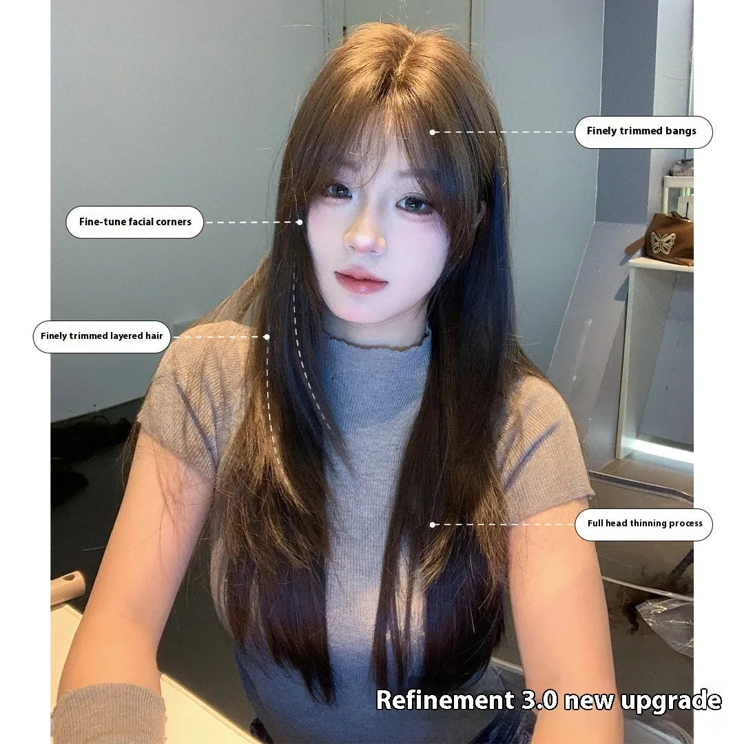 Ladies long straight layered cold brown wig made from high temperature fibre