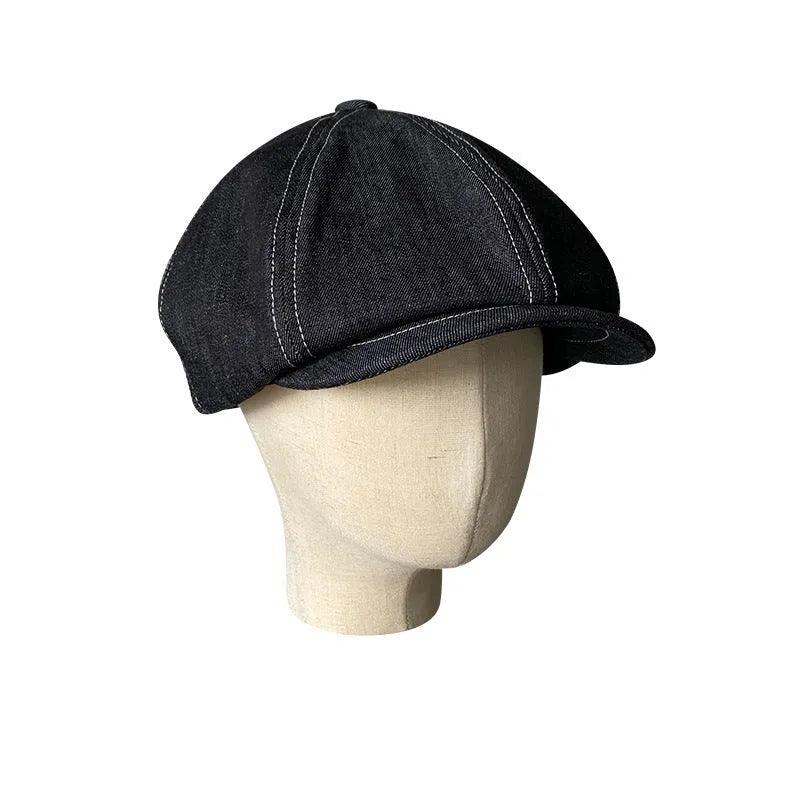 Black retro beret with octagonal crown made from Japanese denim cotton fabric