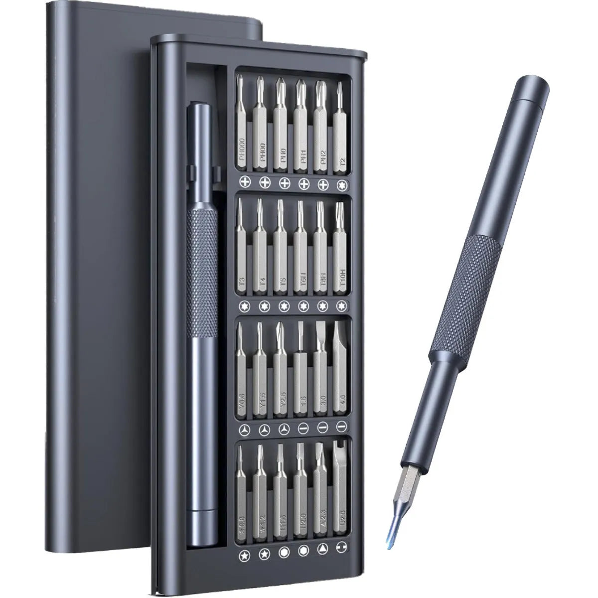 25-in-one magnetic screwdriver set with chrome vanadium steel bits and ABS knurled handle.