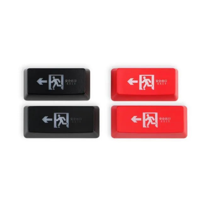 Transparent mechanical keyboard keycap with safety evacuation exit graphic in red text