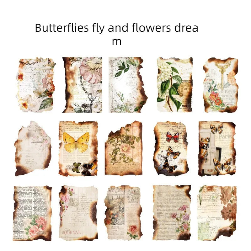 Burnt fragments series paper ephemera pack showing irregular, distressed pieces in vintage collage designs.