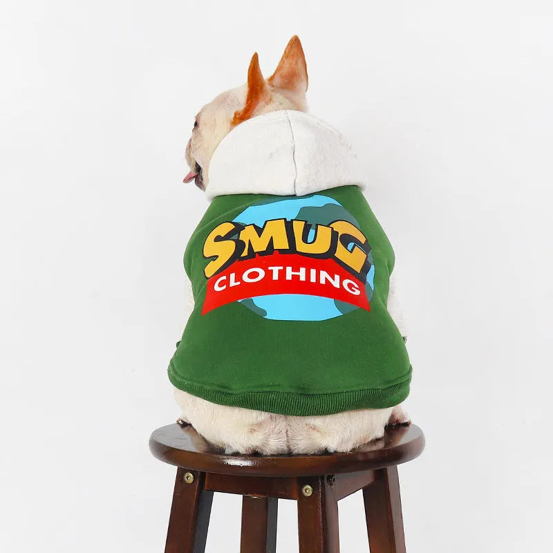 Green cotton dog jumper on a dog, showing autumn winter pet clothing style