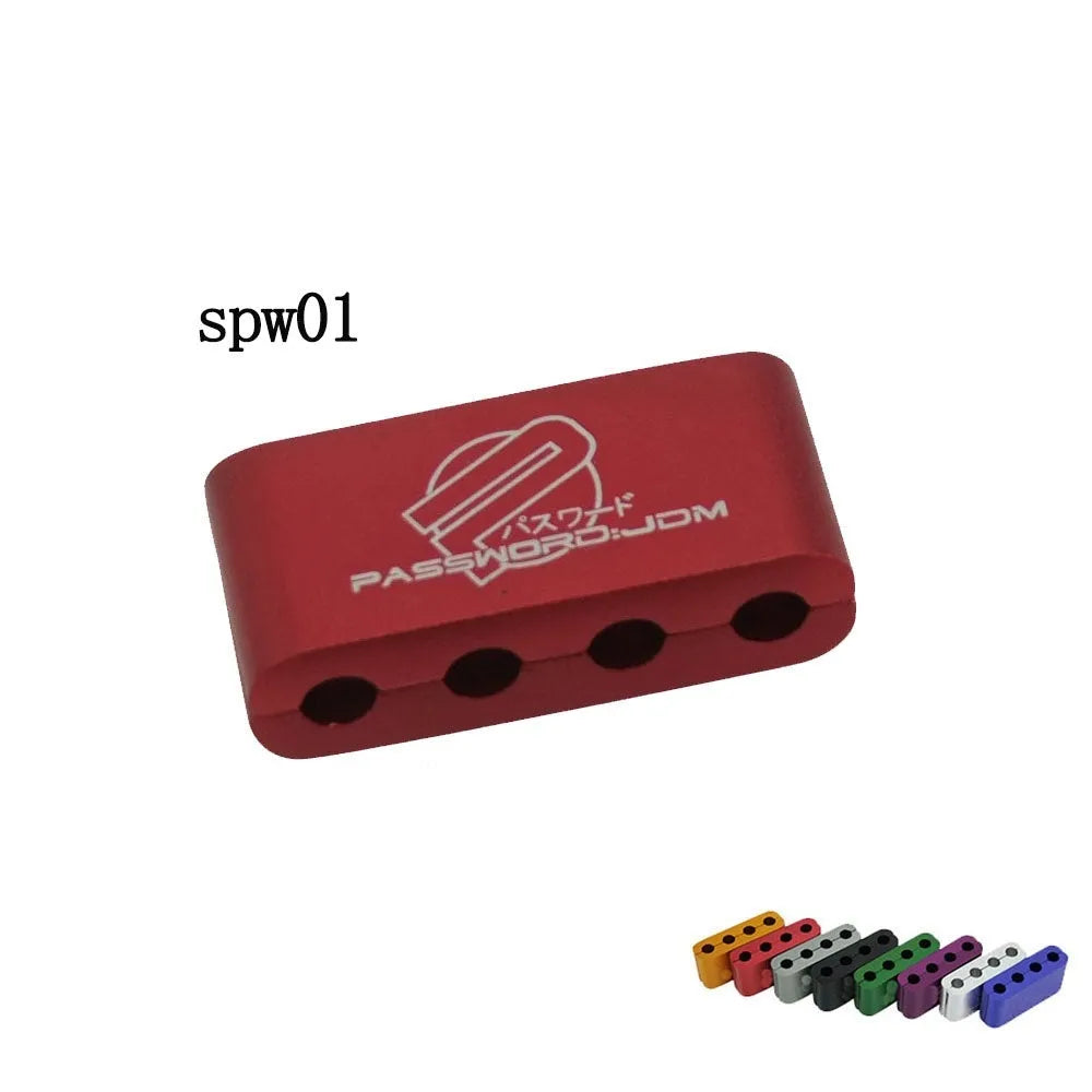 Three-piece metal car modification clamp in six colour options showing dimensions