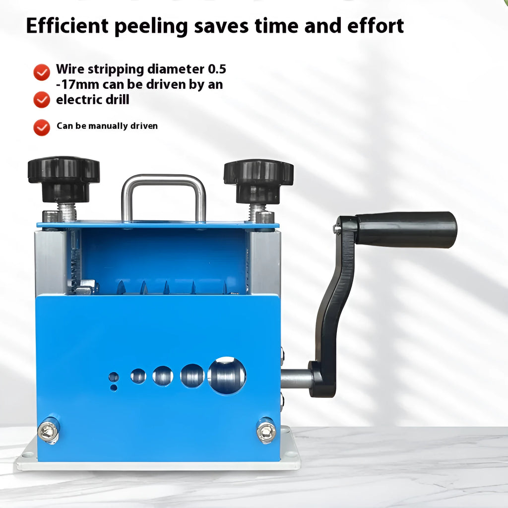 SD-017 manual wire stripping machine showing adjustable ports for 0.5-17mm wires
