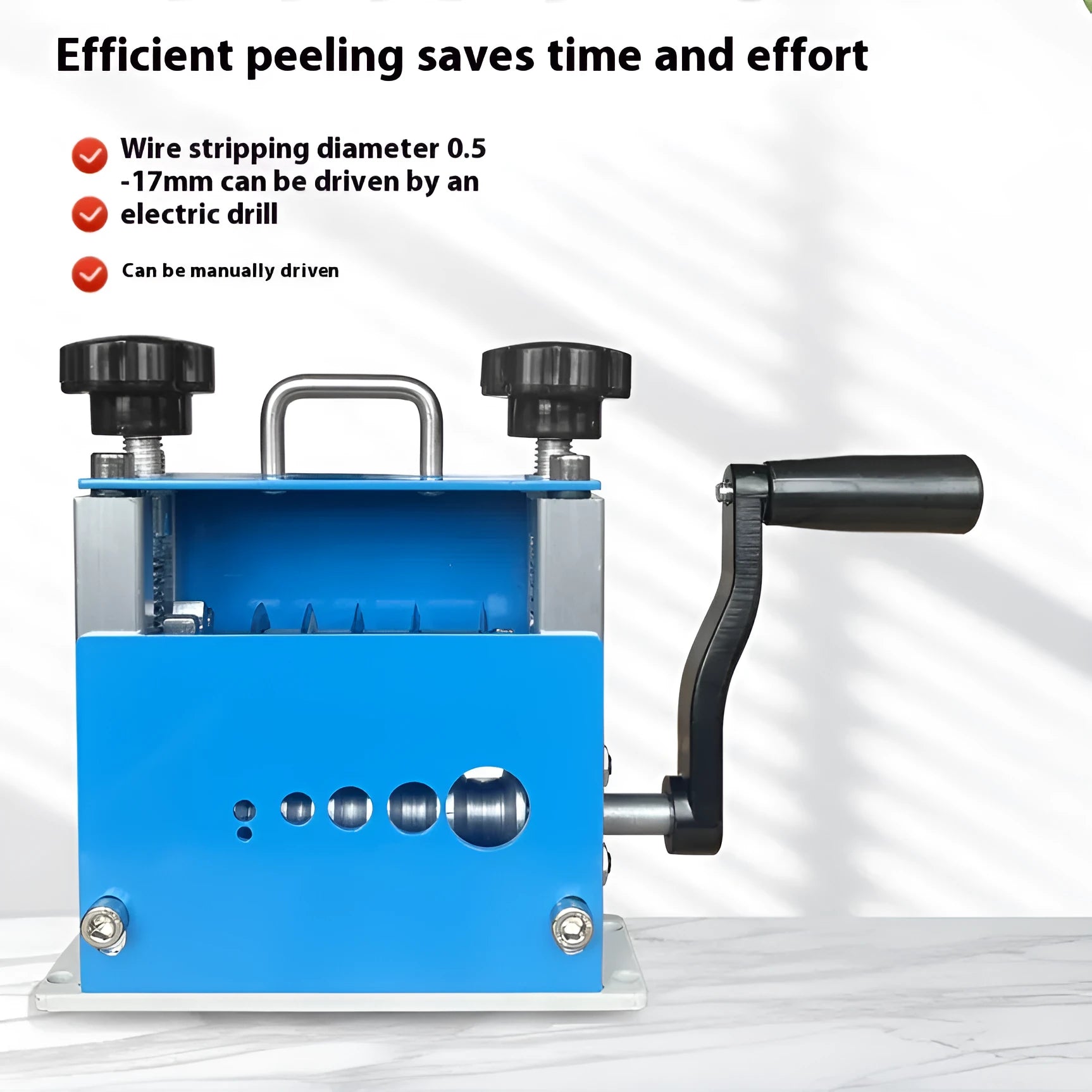 SD-017 manual wire stripping machine showing adjustable ports for 0.5-17mm wires