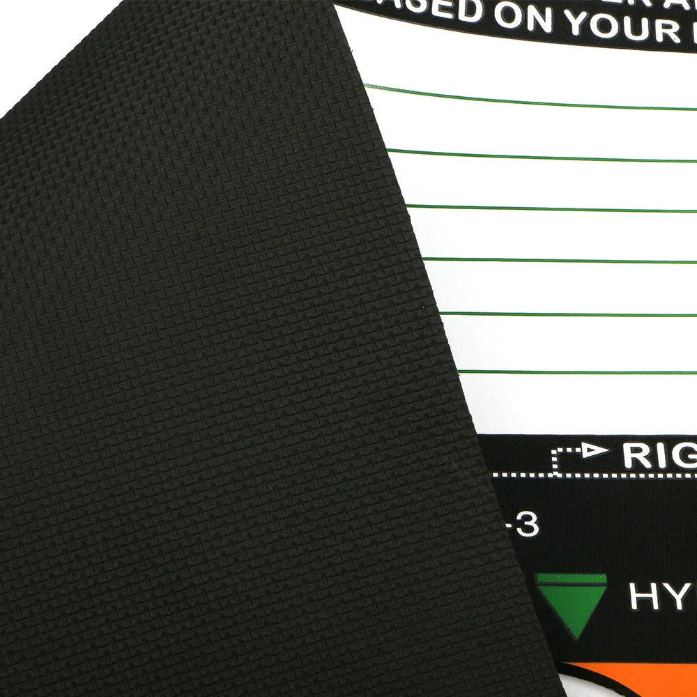 Black neoprene golf swing posture correction pad with directional alignment indicators