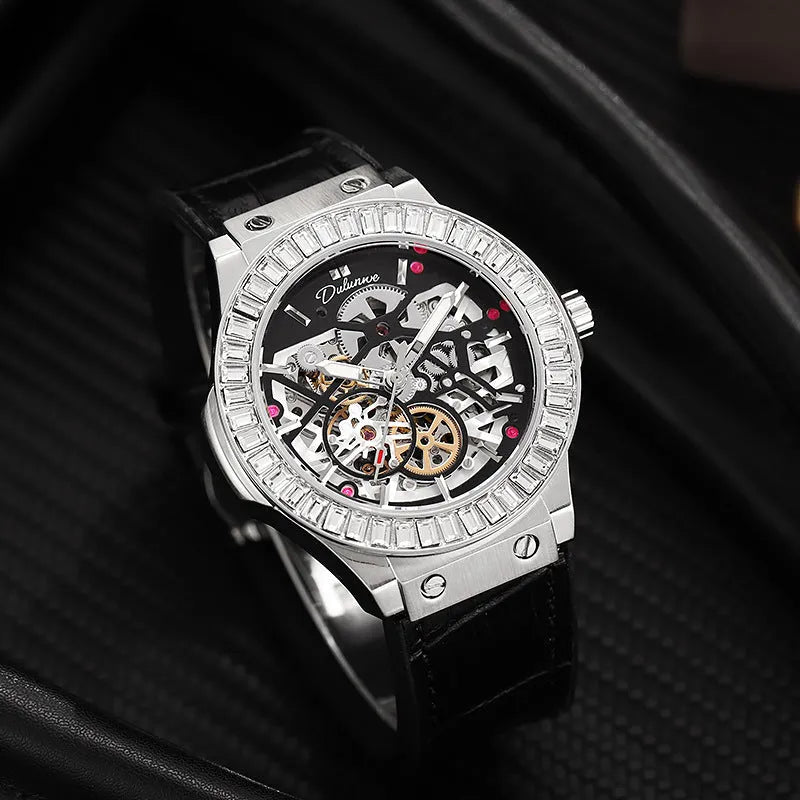 Automatic mechanical men's watch with diamond-studded bezel and visible hollow movement in white shell case